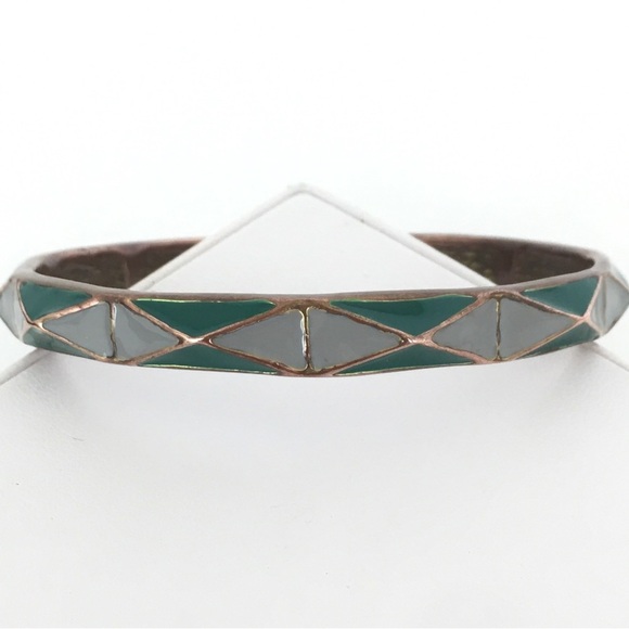 Vintage Copper & Green Enamel Bangle Bracelet Bohemian - Picture 1 of 13